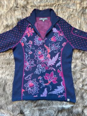 Title Nine Wool Quarter Zip Sweater Navy Purple Merino Blend Ski Gear Medium